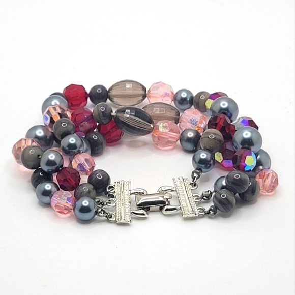 Vintage Acrylic Colorful Beaded Silver Tone Clasp Bracelet - Picture 1 of 6